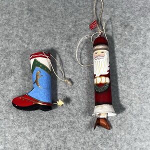 Tin Cowboy Boot Tin Santa Christmas Ornaments Lot Of 2 Vintage Shabby‎ Country